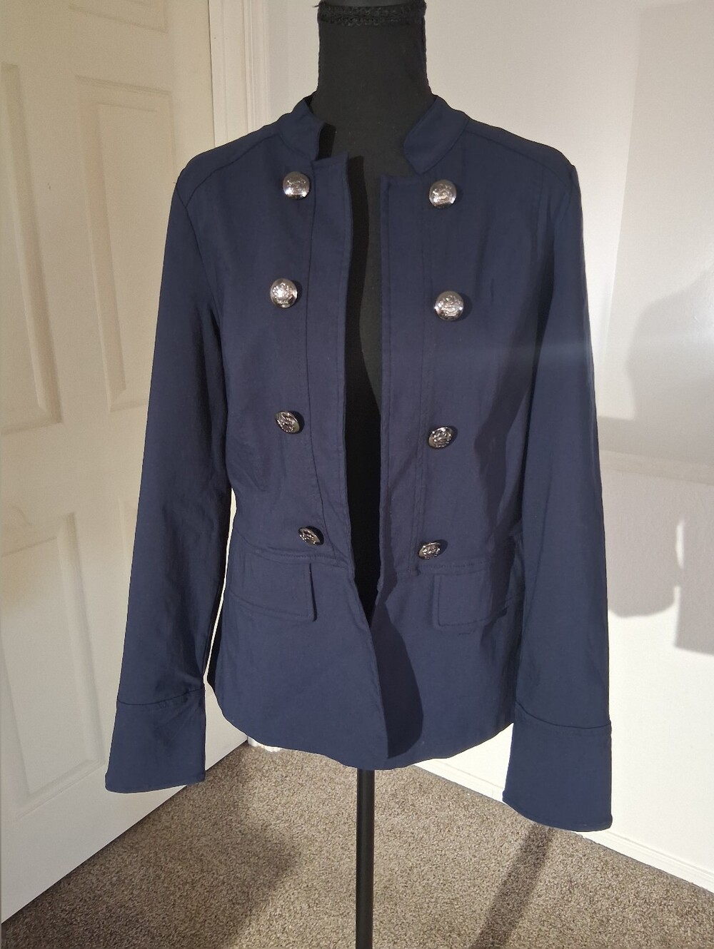 NWOT-Roz & Ali Navy Military-Style Double-Breasted Jacket